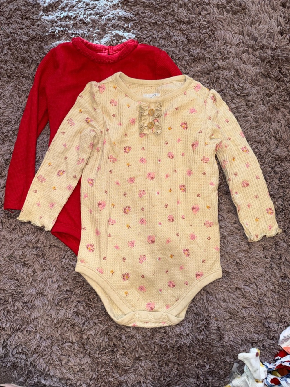 Cream Floral and Red Long-Sleeve Waffle Bodysuit 24 M
